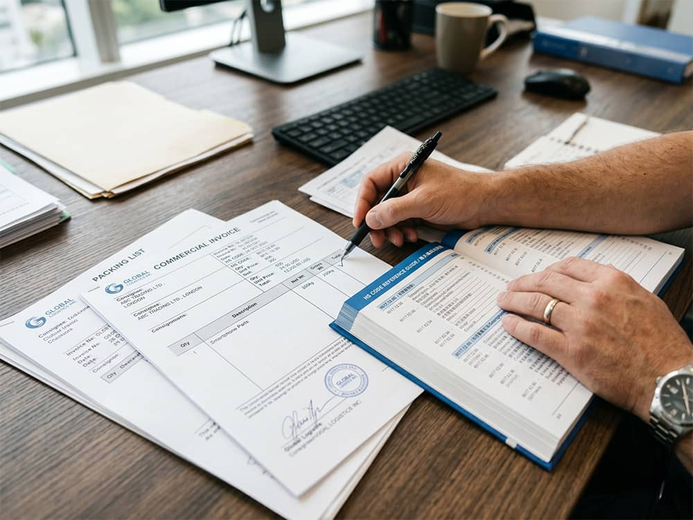 Commercial invoice and packing list being reviewed