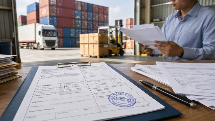 Reviewing shipping and customs documents at a logistics terminal