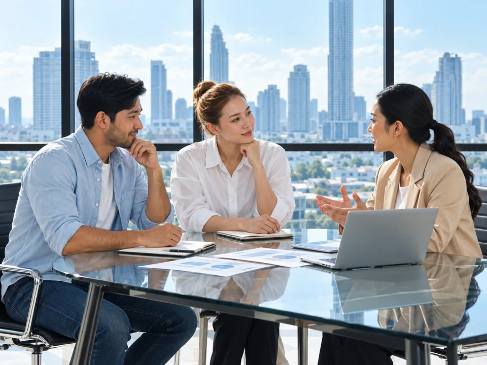Agency professionals discussing a China sourcing and shipping partnership
