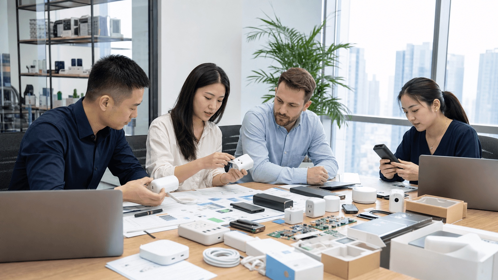 Product sourcing meeting with a team reviewing product samples